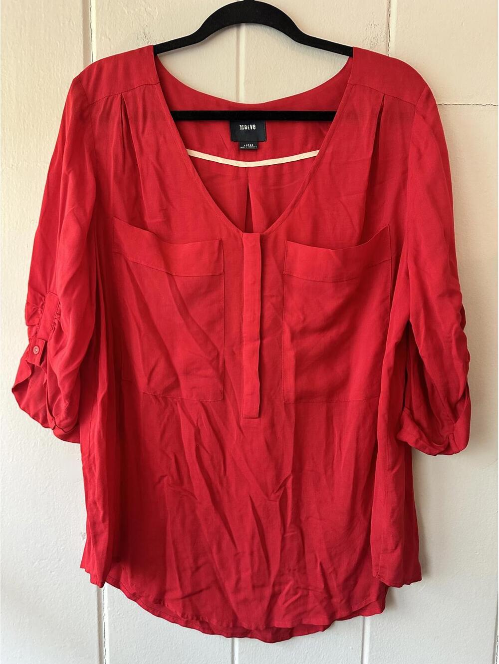 Maeve Anthropologie Red 3/4 Sleeve Lightweight Top w/ Front Pockets Size Large